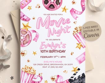 Movie Night Birthday Invitation, Girls Movie Party Invite, Sleepover Birthday Invite, Pink Popcorn Movie Night Party, Canva Digital