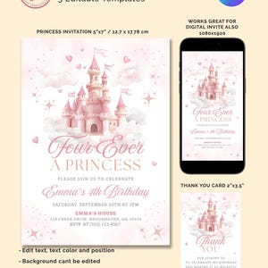 What’s included preview for princess birthday invitation set. Editable Canva templates featuring a pink fairytale castle with clouds, hearts, and stars. Includes 5x7 printable invitation, mobile-friendly digital evite (1080x1920), and 2x3.5 thank you card. Fully customizable text, colors, and positions (background not editable). Perfect for a little girl’s princess or fairytale-themed 4th birthday celebration.
