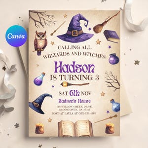 Modèle d&#39;invitation d&#39;anniversaire de sorciers et sorcières modifiable, invitation à une fête de sorcellerie magique, modèle d&#39;invitation d&#39;anniversaire à thème magique