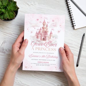 Editable princess birthday invitation template featuring a pink fairytale castle with hearts, stars, and clouds. Reads “Four Ever a Princess” and is perfect for a 4th birthday celebration. Customizable in Canva, printable 5"x7" design, ideal for little girls’ princess-themed parties.
