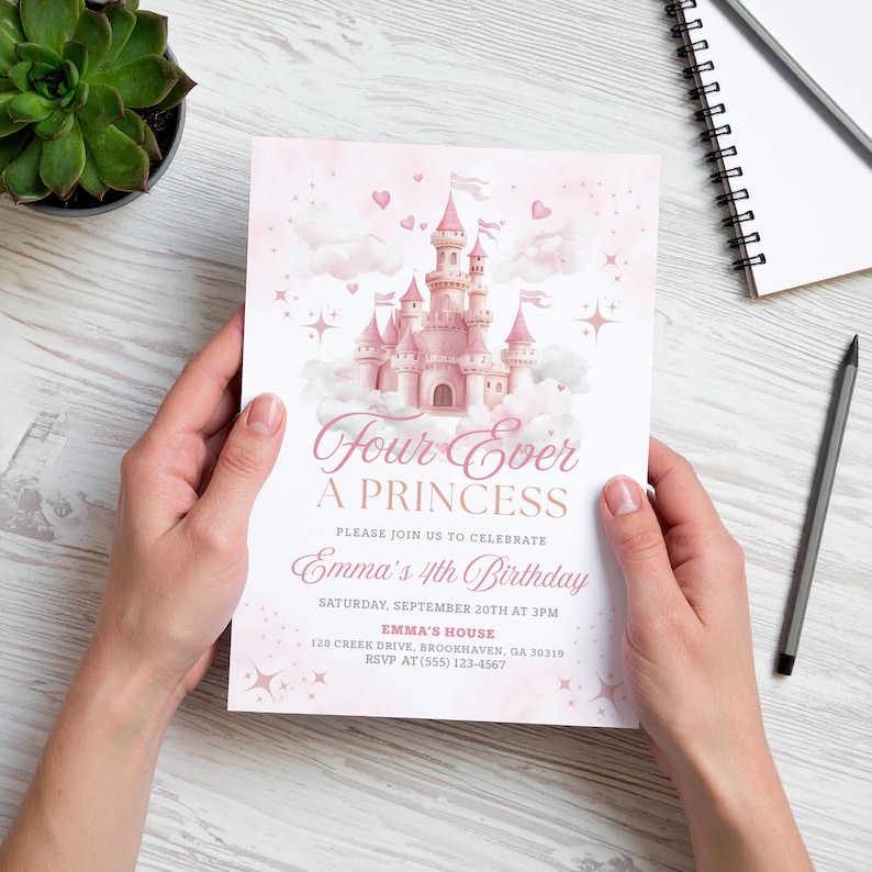 Editable princess birthday invitation template featuring a pink fairytale castle with hearts, stars, and clouds. Reads “Four Ever a Princess” and is perfect for a 4th birthday celebration. Customizable in Canva, printable 5"x7" design, ideal for little girls’ princess-themed parties.