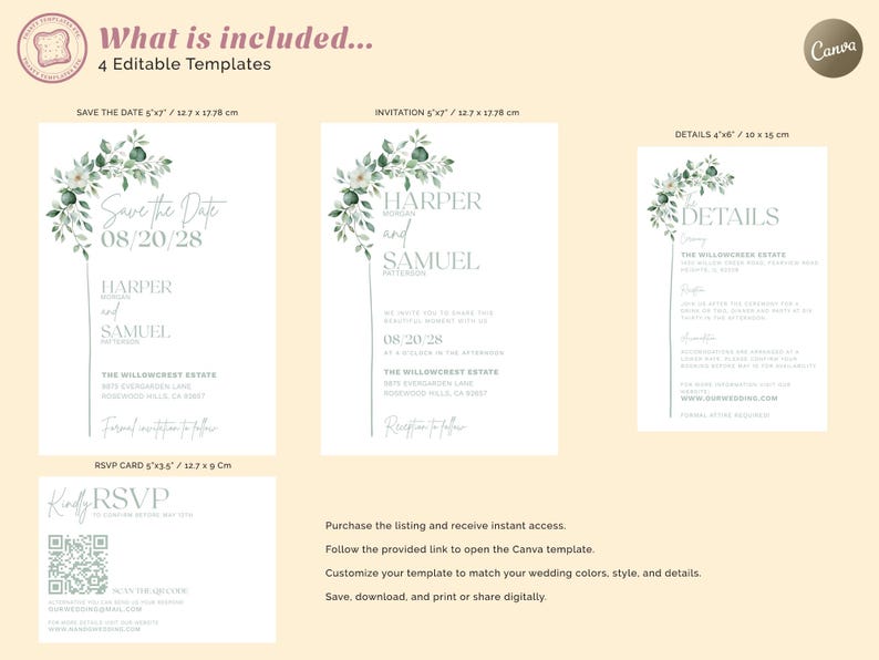 Sage Green Wedding Invitation Bundle, Greenery Garden Wedding Invitation Digital, Elegant Botanical Wedding, Editable Canva image 2