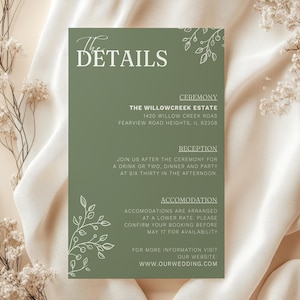 Sage green wedding details card template, modern editable Canva design, printable reception and accommodation insert, minimalist floral wedding insert card, DIY greenery stationery for rustic, boho, or fall weddings, elegant digital wedding suite add-on