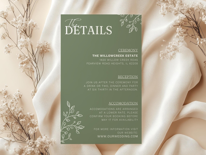 Sage green wedding details card template, modern editable Canva design, printable reception and accommodation insert, minimalist floral wedding insert card, DIY greenery stationery for rustic, boho, or fall weddings, elegant digital wedding suite add-on