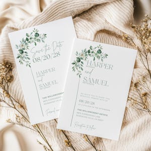 Editable wedding invitation and Save the Date card bundle with elegant greenery and eucalyptus leaf design. Perfect for rustic, botanical, garden, or outdoor weddings. Features soft watercolor florals and modern minimalist layout. Fully customizable Canva template for DIY brides
