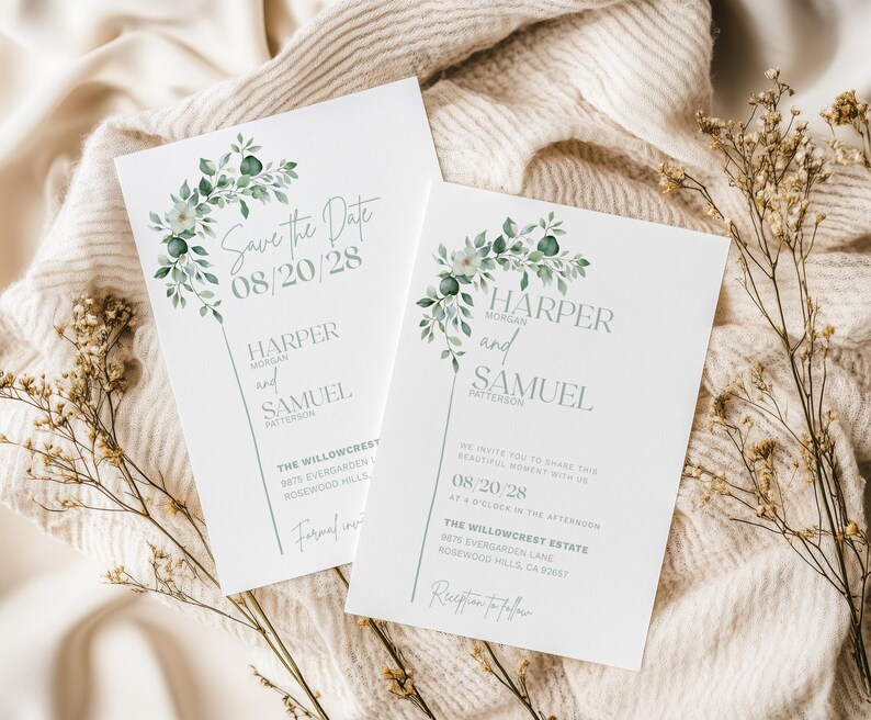 Editable wedding invitation and Save the Date card bundle with elegant greenery and eucalyptus leaf design. Perfect for rustic, botanical, garden, or outdoor weddings. Features soft watercolor florals and modern minimalist layout. Fully customizable Canva template for DIY brides