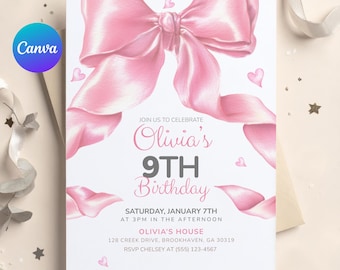 Pink Bow Birthday Invitation, Coquette Birthday Party Invite, Elegant Canva Template, Editable Girl’s Birthday Invite, Canva Digital