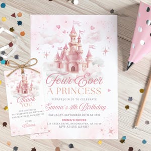 Four Ever a Princess Birthday Invitation, Editable Princess Castle 4th Birthday Party Invite, Pink Girl Canva Template, Digital Download image 3