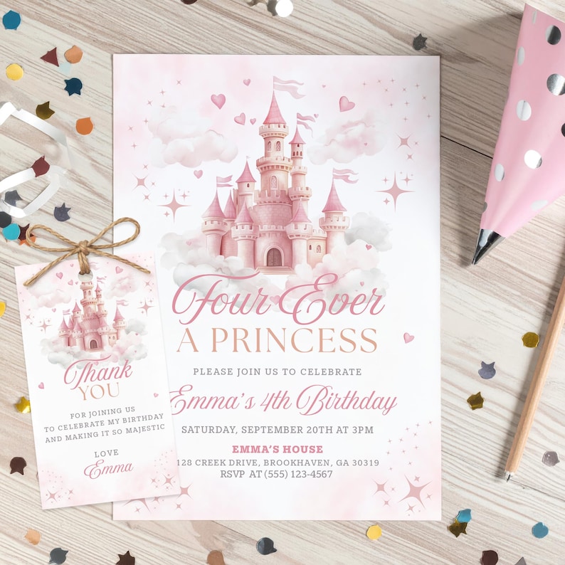 Four Ever a Princess Birthday Invitation, Editable Princess Castle 4th Birthday Party Invite, Pink Girl Canva Template, Digital Download image 3