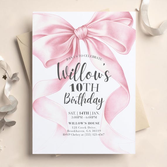 Pink Bow Birthday Invitation, Editable Coquette Birthday Party Invite, Elegant Canva Template, Girl’s Birthday Evite, Cana Digital