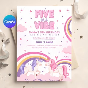 Rainbow Unicorn Birthday Invitation, Five Is a Vibe Birthday Invite, Girl 5th Birthday Party, Pastel Unicorn Theme, Canva Template Digital