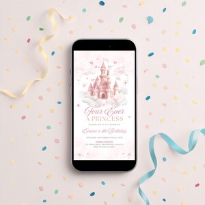 Digital princess birthday invitation with a pink castle design, reading “Four Ever a Princess.” Perfect for a little girl’s 4th birthday party. Editable Canva template, mobile-friendly evite for easy sharing by text or email. Ideal for princess, fairytale, or castle-themed celebrations.