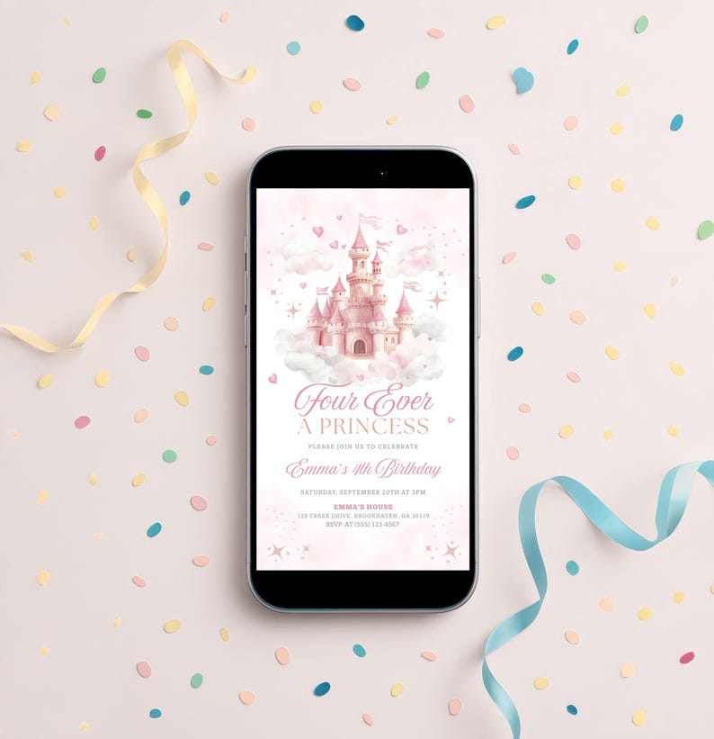 Digital princess birthday invitation with a pink castle design, reading “Four Ever a Princess.” Perfect for a little girl’s 4th birthday party. Editable Canva template, mobile-friendly evite for easy sharing by text or email. Ideal for princess, fairytale, or castle-themed celebrations.