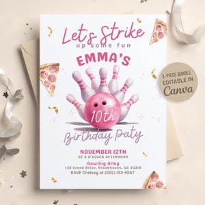 Editable Bowling Birthday Invitation, Pink Bowling Party Invite, Let’s Strike Up Some Fun Girls Birthday Invite, Printable, Canva Template