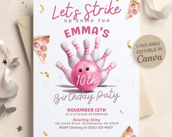 Editable Bowling Birthday Invitation, Pink Bowling Party Invite, Let’s Strike Up Some Fun Girls Birthday Invite, Printable, Canva Template