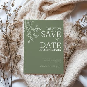 Sage green save the date card template for wedding, minimalist DIY editable Canva invitation with elegant leaf design, printable modern wedding announcement, rustic fall or boho wedding stationery for couples, classic neutral style