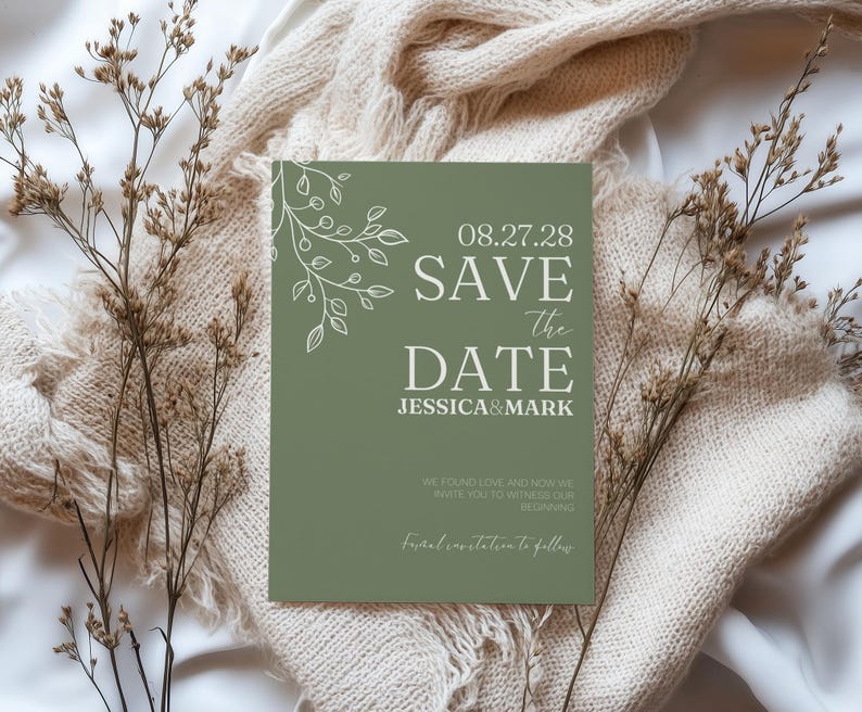 Sage green save the date card template for wedding, minimalist DIY editable Canva invitation with elegant leaf design, printable modern wedding announcement, rustic fall or boho wedding stationery for couples, classic neutral style