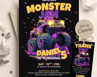 Monster Truck Invite, Editable Monster Jam Invite, Trucks Party Invite, Editable Canva Digital