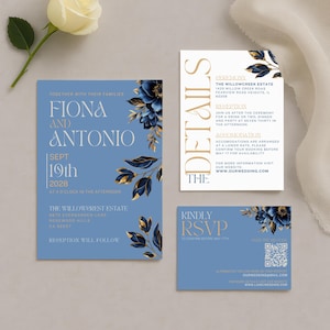 Blue and Gold Elegant Wedding Invitation Template Suite | Editable Wedding Invite with Save the Date, RSVP & Details Card, Winter Invites