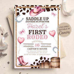 First Rodeo Birthday Invitation, Pink Cowgirl Western Party Invite, Editable Canva (Digital Download)