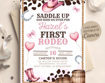First Rodeo Birthday Invitation Editable Cowgirl 1st Birthday Party Invite Wild West Western Theme Girl Party Invite, Canva Digital