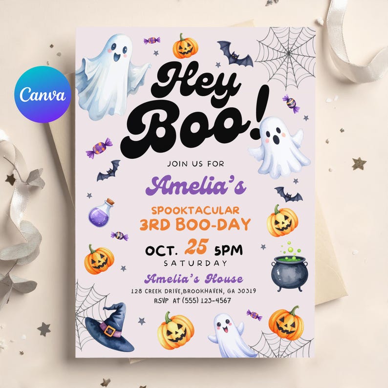 Editable Halloween Birthday Invitation Hey Boo Ghost Party Template Editable Halloween Birthday Invitation Hey Boo Ghost Party Template