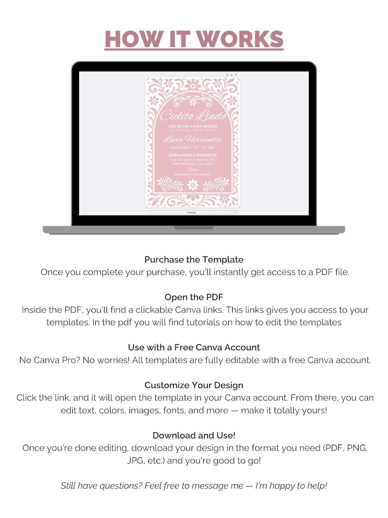 May include: A laptop screen displays a pink invitation template with floral designs and the text "Cielito Lindo." The screen is open, and the text "HOW IT WORKS" is at the top. Instructions on how to use the template are below.