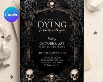 Gothic Skull Halloween Party Invitation, Editable Dark Adult Halloween Invite, Spooky Costume Party, Canva Template, Digital Download
