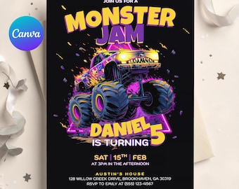 Monster Truck Birthday Invitation, Monster Jam Invite, Monster Truck Bash Party Invite, Editable Canva Digital