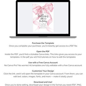 May include: A laptop screen displays a birthday invitation template with a pink bow and ribbon design. The text "Willow's 10th Birthday" is visible. Instructions on how to use the template are also shown on the screen.