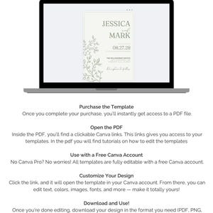 May include: A laptop screen displaying a wedding invitation template with a floral design. The text on the invitation reads "Jessica and Mark" and "08.27.28". The text "How It Works" is displayed above the laptop screen.