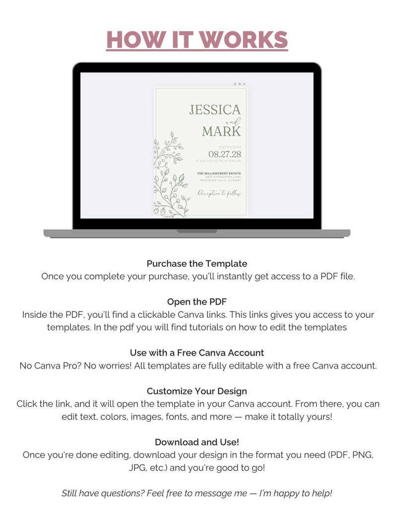 May include: A laptop screen displaying a wedding invitation template with a floral design. The text on the invitation reads "Jessica and Mark" and "08.27.28". The text "How It Works" is displayed above the laptop screen.