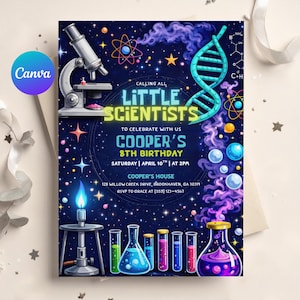 May include: A colorful invitation for a child's 8th birthday party with a science theme. The design features a microscope, DNA strand, and laboratory equipment against a starry night sky. Text reads "Calling All Little Scientists."
