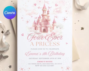 Four Ever a Princess Birthday Invitation, Editable Princess Castle 4th Birthday Party Invite, Pink Girl Canva Template, Digital Download