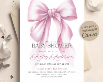 Pink Bow Baby Shower Invitation Template, Coquette Watercolor 5-Piece Editable Canva Bundle, Ribbon Girl Party
