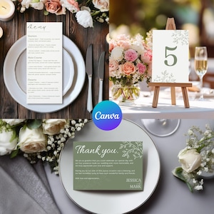 Modelo de cartão de agradecimento para casamento em verde-sálvia, número da mesa, cartões minimalistas para recepção de casamento, papelaria para casamento para impressão Canva