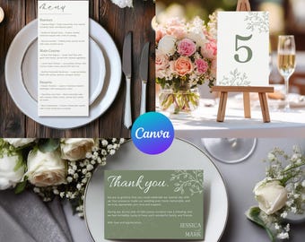 Sage Green Wedding Thank You Card Menu Table Number Template, Minimalist Wedding Reception Cards, Printable Wedding Stationery Canva