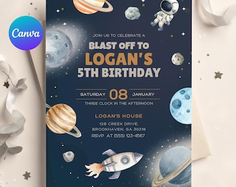 Space Astronaut Birthday Invitation, Outer Space Birthday Party Invite, Rocket Ship Invitation, Canva Template Digital