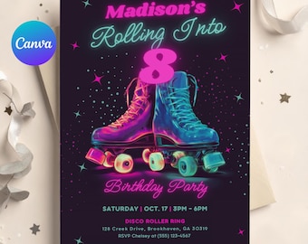 Roller Skating Birthday Invitation, Neon Glow Roller Skate Party Invite, Retro Skates Party Invite, Canva Template Digital