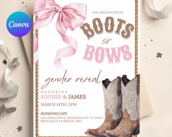 Boots or Bows Gender Reveal Invitation, Rustic Western Gender Reveal Party Invite, Pink Bow Cowboy Boots Theme,  Canva Digital