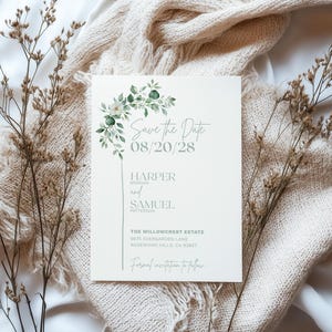 Elegant greenery Save the Date card template featuring watercolor eucalyptus leaves and minimalist typography. Perfect for rustic, botanical, or outdoor weddings. Fully editable Canva design for modern brides. Coordinates with matching invitation suite for cohesive wedding stationery