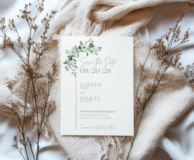 Elegant greenery Save the Date card template featuring watercolor eucalyptus leaves and minimalist typography. Perfect for rustic, botanical, or outdoor weddings. Fully editable Canva design for modern brides. Coordinates with matching invitation suite for cohesive wedding stationery