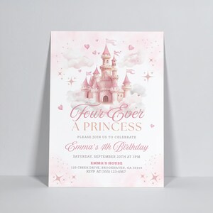 Editable princess birthday invitation template featuring a pink fairytale castle with hearts, stars, and clouds. Reads “Four Ever a Princess” and is perfect for a 4th birthday celebration. Customizable in Canva, printable 5"x7" design, ideal for little girls’ princess-themed parties.