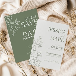 Sage green wedding invitation and save the date card set, editable Canva template bundle with minimalist leaf design, modern elegant printable wedding stationery, DIY neutral greenery suite for rustic fall or boho spring weddings, digital invite kit for couples