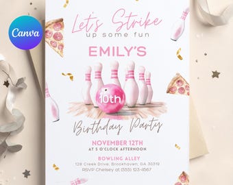 Editable Bowling Birthday Invitation, Let’s Strike Up Some Fun Girls Party Invite, Printable Pink Bowling Invite, Canva Template