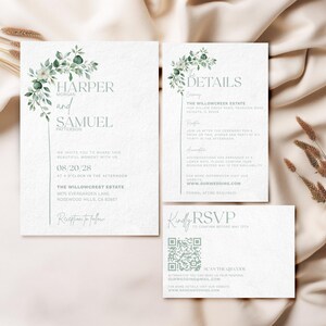 Elegant greenery wedding invitation suite featuring a soft watercolor floral design. Includes editable Canva templates for invite, RSVP, and details card. Perfect for garden, rustic, or modern romantic weddings. Printable bundle for DIY brides seeking a cohesive, minimalist stationery set