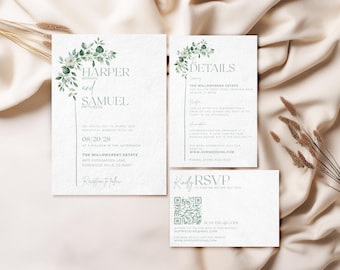 Sage Green Wedding Invitation Bundle, Greenery Garden Wedding Invitation Digital, Elegant Botanical Wedding, Editable Canva
