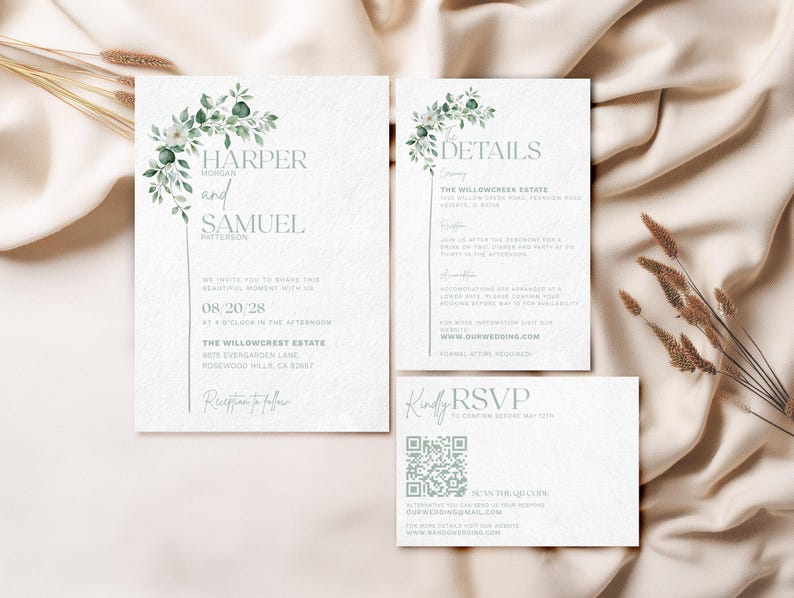 Elegant greenery wedding invitation suite featuring a soft watercolor floral design. Includes editable Canva templates for invite, RSVP, and details card. Perfect for garden, rustic, or modern romantic weddings. Printable bundle for DIY brides seeking a cohesive, minimalist stationery set
