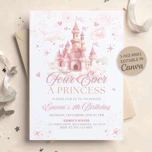 Four Ever a Princess Birthday Invitation, Editable Princess Castle 4th Birthday Party Invite, Pink Girl Canva Template, Digital Download