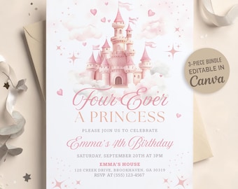 Four Ever a Princess Birthday Invitation, Editable Princess Castle 4th Birthday Party Invite, Pink Girl Canva Template, Digital Download